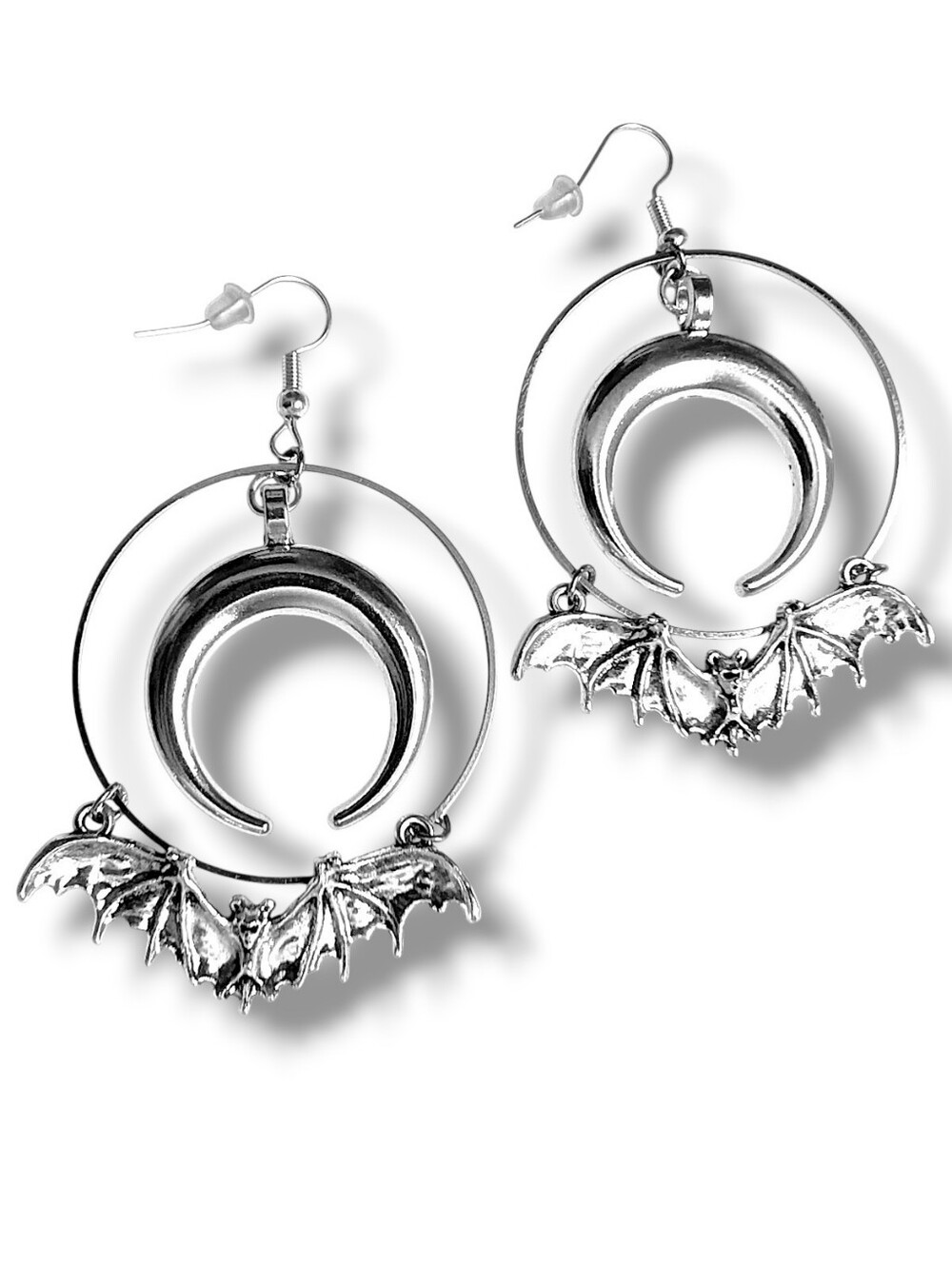 NWT Handmade Hanging Silver Crescent Moon Hoop and Silver Bat Earrings